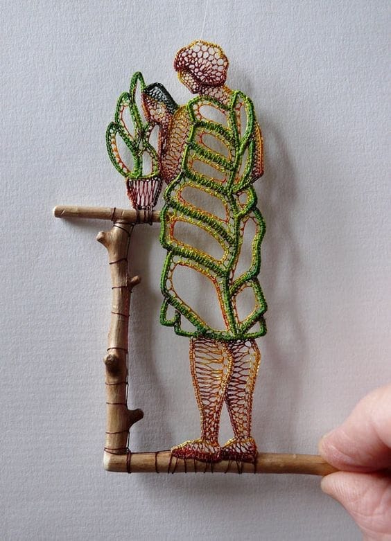 Figure Lace Sculptures Attached To Sticks And Pieces Of Found Wood By Agnes Herczeg 8
