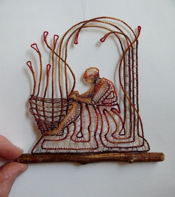 Figure Lace Sculptures Attached To Sticks And Pieces Of Found Wood By Agnes Herczeg 9