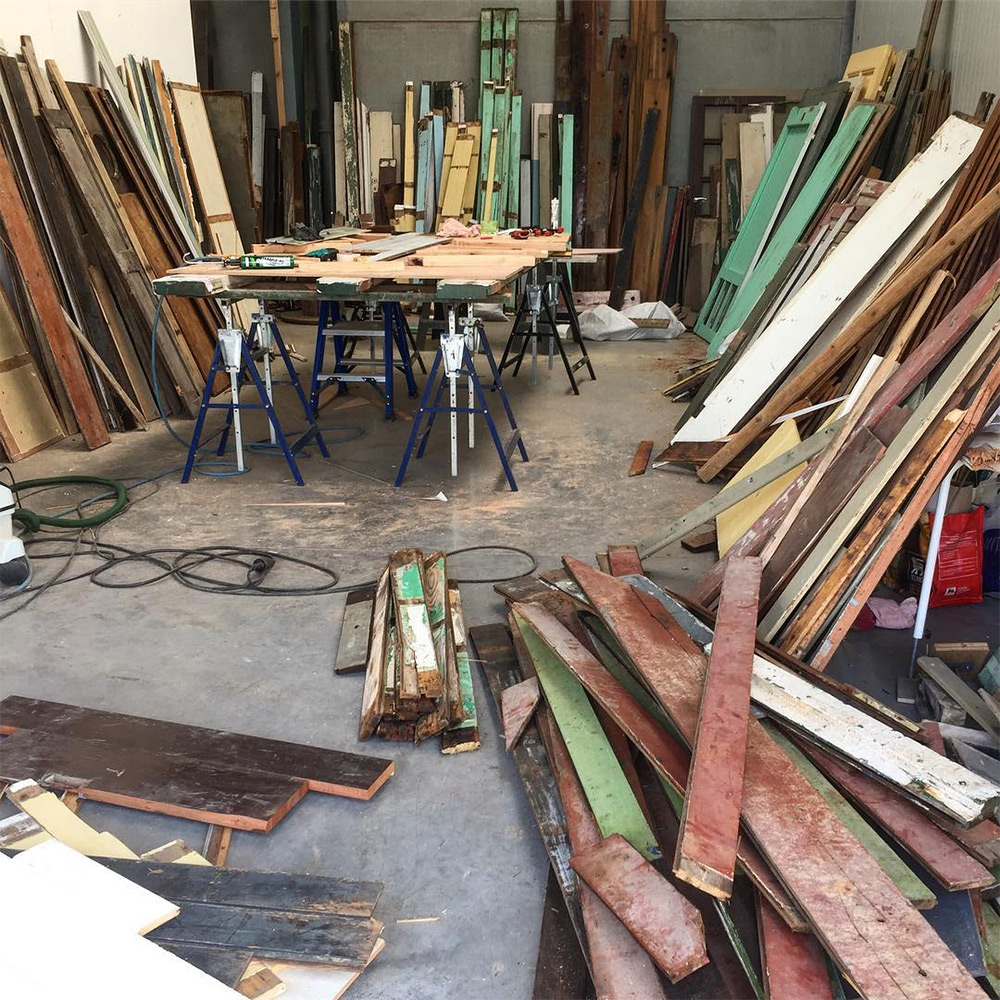 Strook Geometric Murals Of Figure Collages Made Of Old Doors And Pieces Of Furniture By Stefaan De Croock 14