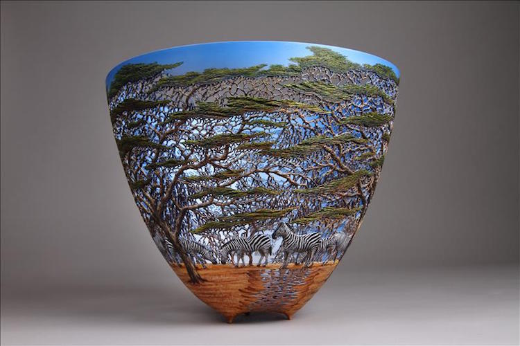 Superb Wood Vases Carved With Intricate Wildlife Landscapes By Gordon Pembridge 4