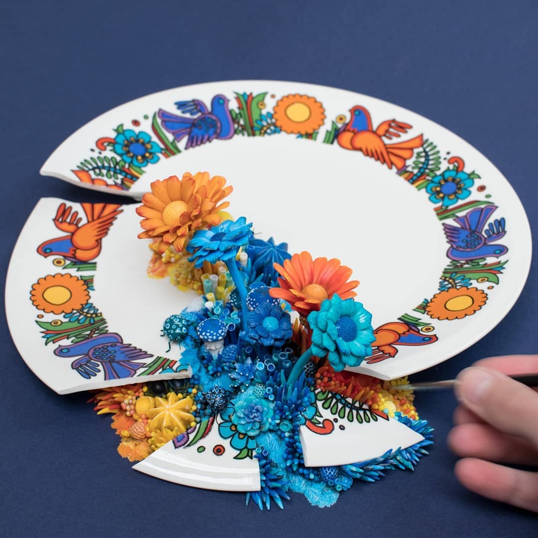 Discarded Objects Populated With Colorful Plant Coral And Fungus Sculptures By Stephanie Kilgast 18