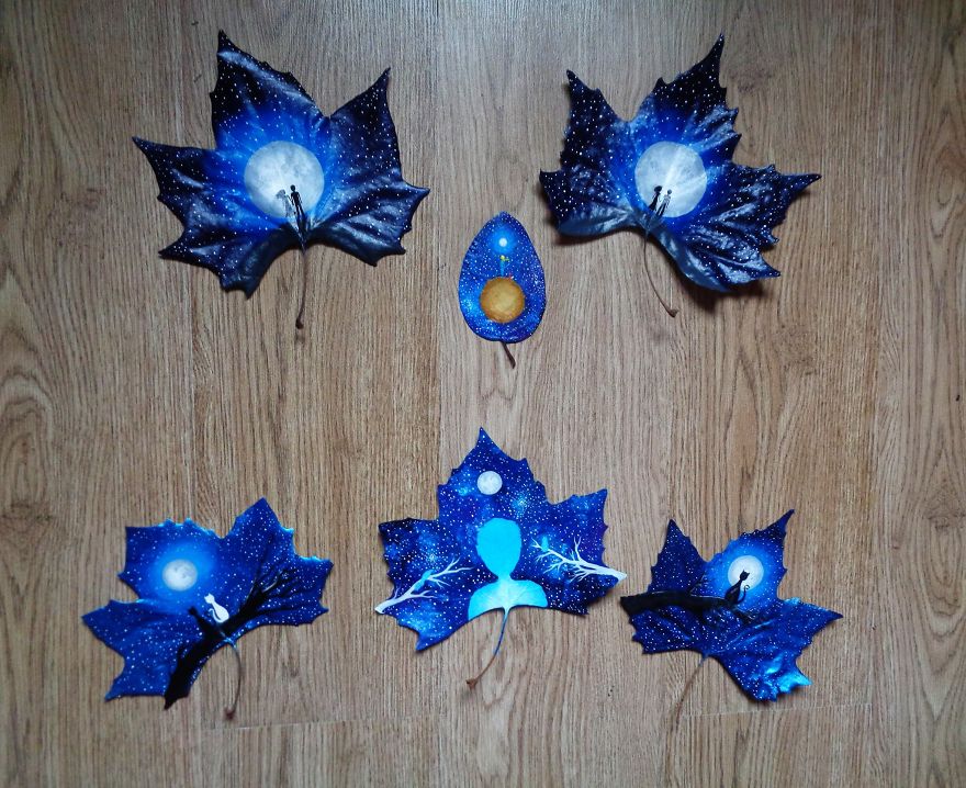 Fallen Leaves Transformed Into Canvases For Lovely Paintings By Nancy Woland And Beka Zaridze 17