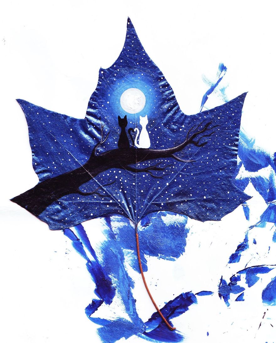 Fallen Leaves Transformed Into Canvases For Lovely Paintings By Nancy Woland And Beka Zaridze 3