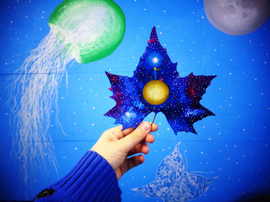 Fallen Leaves Transformed Into Canvases For Lovely Paintings By Nancy Woland And Beka Zaridze 6