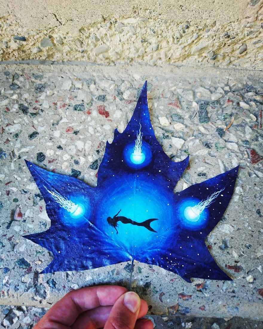 Fallen Leaves Transformed Into Canvases For Lovely Paintings By Nancy Woland And Beka Zaridze 8