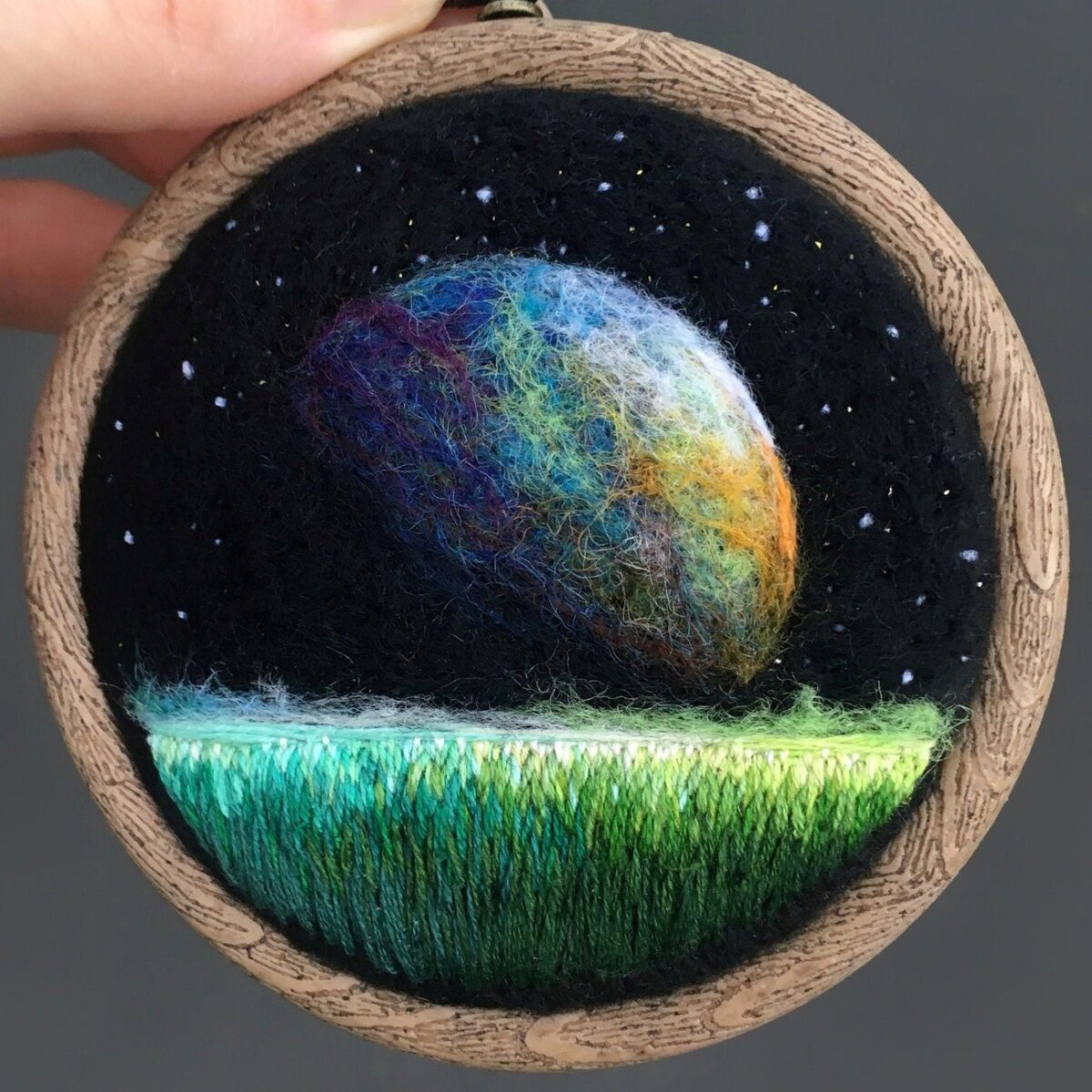 Lush Night Sky Landscape Needle Felted And Embroidered Art Hoops By Yuliya Krishchik 1
