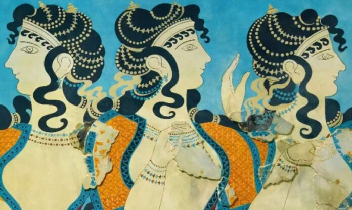 Depiction Of Minoan Frescoes With Scenes From The Daily Life Of Women Via Elpedia.