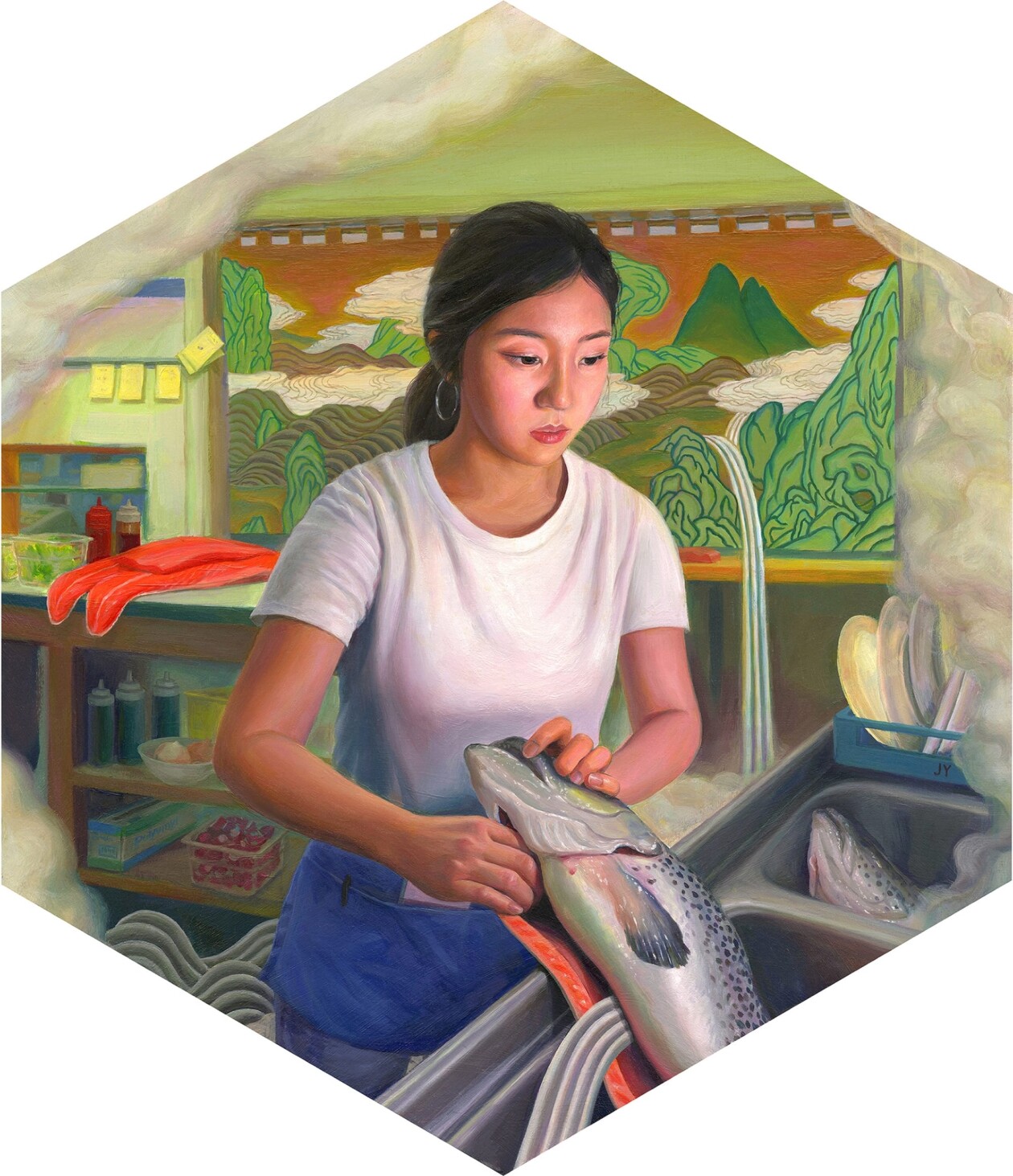 Janice Yang's Paintings Of Symbolic Salmon And Kitchen Scenes (7)